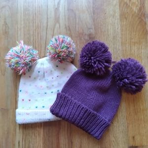 Toddler Knit Pompom Hats Heart White & Purple Bundle
